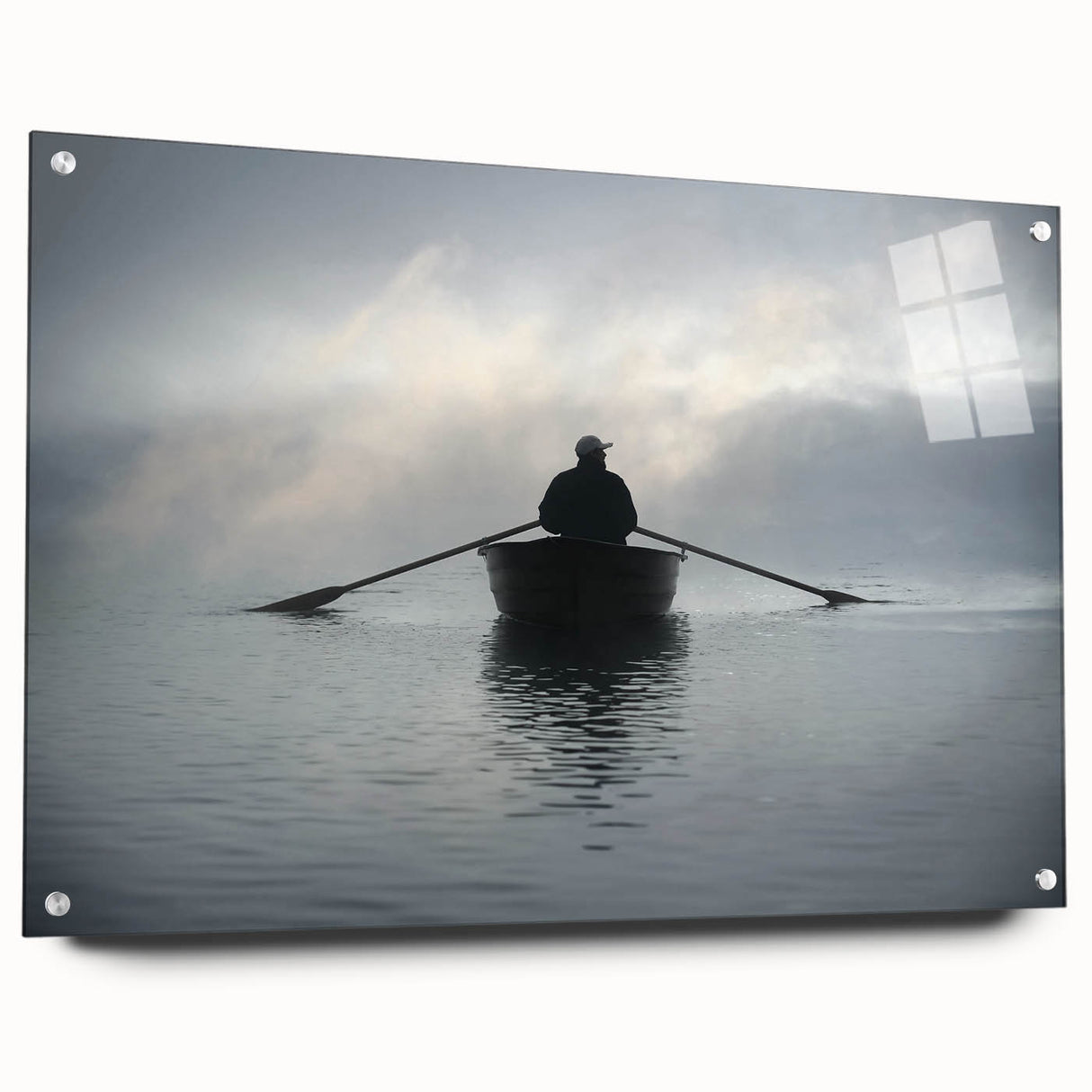 Acrylic print of a side view of a rowboat in muted blue and gray tones, ideal for bedroom or dining room decor.