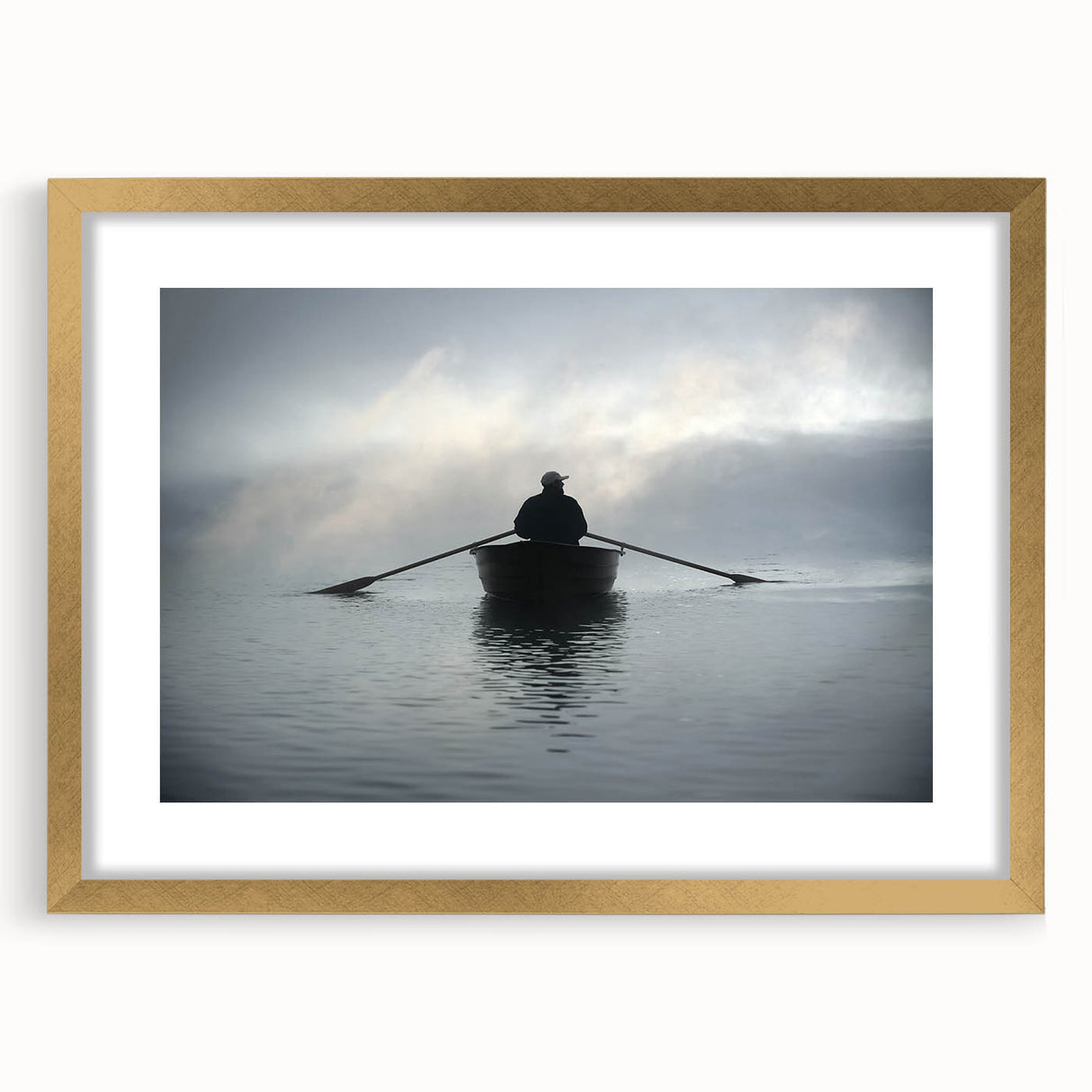 Textured art print of an abstract rowboat in muted blue and gray, framed in gold, suitable for bedroom art.