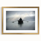 Textured art print of an abstract rowboat in muted blue and gray, framed in gold, suitable for bedroom art.