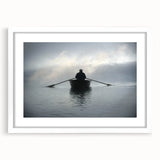 Extra large abstract art print featuring a textured depiction of a rowboat in muted blue and gray tones on a white framed…