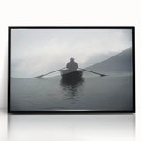 Large abstract wall art featuring a rowboat, in muted earth tones on a framed acrylic, ideal for modern living room decor.