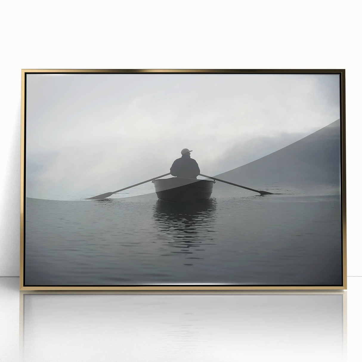 Mid-century modernist art deco style rowboat on calm water, framed acrylic in gold, ideal for nursery wall art.