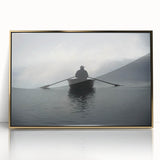 Mid-century modernist art deco style rowboat on calm water, framed acrylic in gold, ideal for nursery wall art.