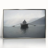 Art deco poster of a rowboat in muted blue and gray tones on silver-framed acrylic, suitable for modern nursery wall decor.
