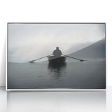 Mid-century modernist art of a rowboat on water, acrylic print in white frame, suited for nursery wall decor.