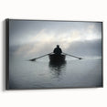 Black and white vintage poster art of a rowboat on a lake, framed canvas, suitable for bedroom wall decor.