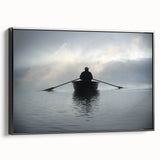 Black and white vintage poster art of a rowboat on a lake, framed canvas, suitable for bedroom wall decor.