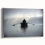 Vintage poster art of a rowboat in colorful, abstract style on extra-large framed canvas, suitable for living room decor.
