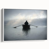 Framed canvas of a vintage-style landscape with a black rowboat on calm water, ideal for bedroom wall art.
