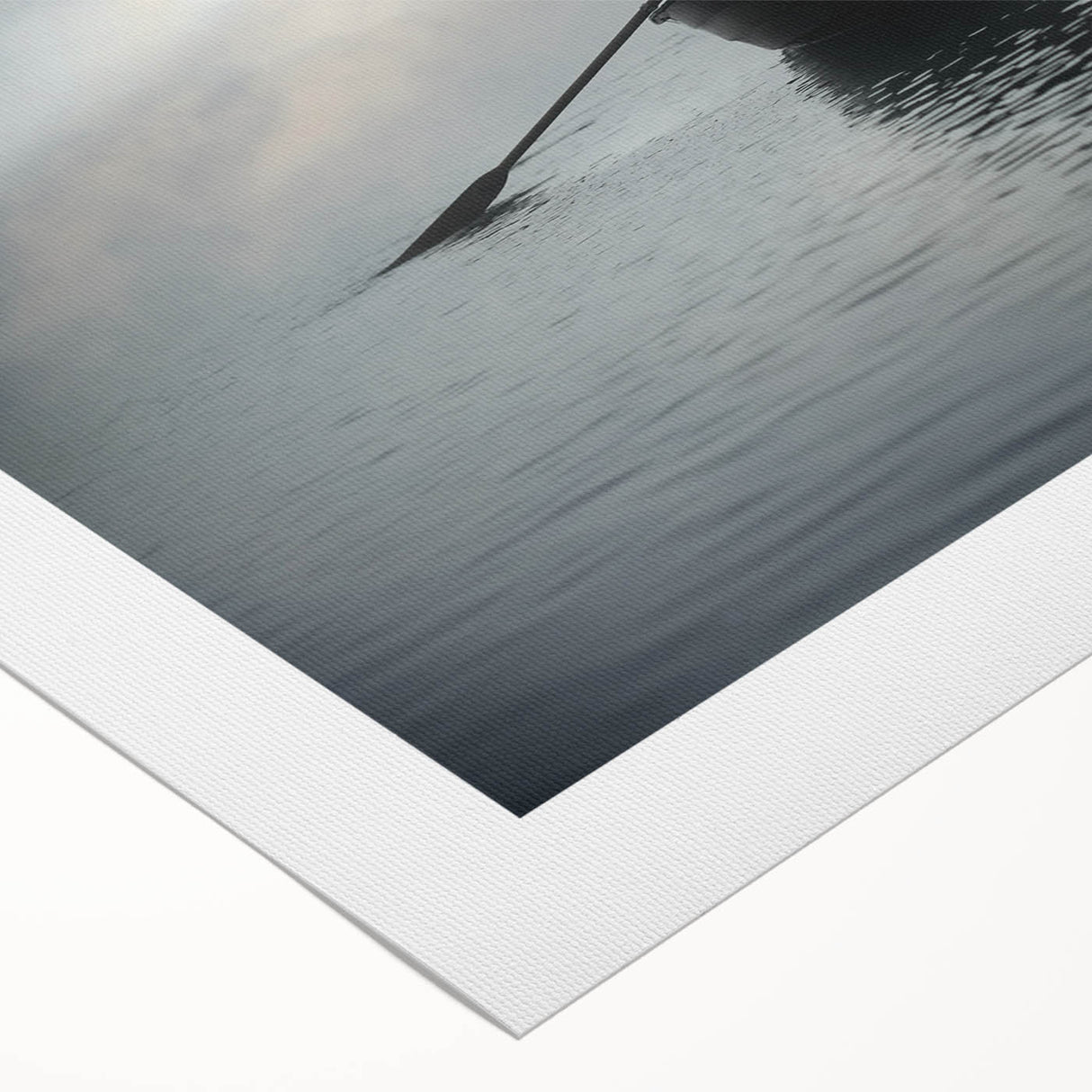 Art deco poster featuring a rowboat on calm water, in muted blue and gray tones, on rolled canvas.