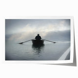 Rolled print of a rowboat on water in muted blue and gray tones, suitable as art wall dining room decor.