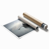 Rolled print of a rowboat on calm waters, rendered in muted blue and grey tones, suitable for classy bathroom wall art.