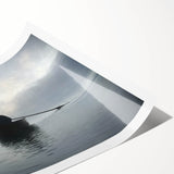Extra large wall art featuring a rowboat on water in muted blue and gray tones, printed on rolled canvas.