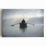 Black and white photo of a rowboat on water, printed on large stretched canvas, ideal for kitchen wall art.