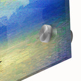 Mid-century modernist art featuring large abstract depiction of a rowboat, in muted blue and gray tones on acrylic glass.