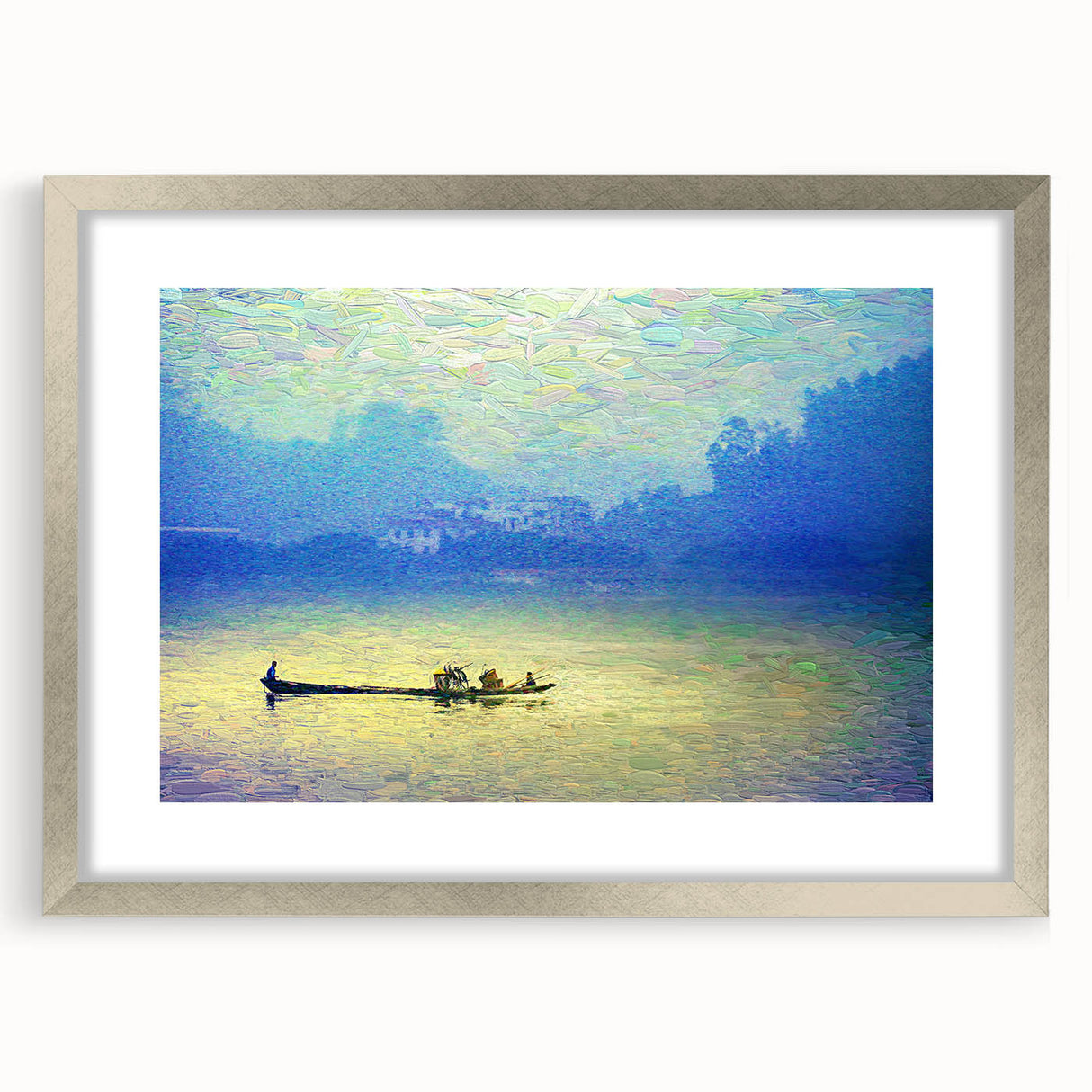 Abstract art print of a rowboat in muted blue and gray tones on a silver-framed canvas, suitable for dining room decor.