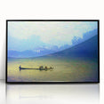 Large abstract wall art featuring a rowboat in muted blue and gray tones on black framed acrylic.