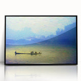 Large abstract wall art featuring a rowboat in muted blue and gray tones on black framed acrylic.