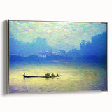Vintage poster art of a rowboat in vibrant colors on a silver-framed canvas, ideal for extra large living room wall decor.