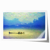 Rolled print of a rowboat on calm water in muted blue and gray tones, suitable for dining room or bathroom wall art.