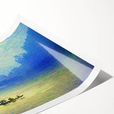 Extra large wall art depicting a rowboat in muted watercolor tones on rolled canvas, suitable for large living room decor.