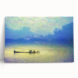 Black and white photo of a rowboat on water, printed on large stretched canvas, ideal for kitchen wall art or bedroom decor.