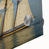 Large abstract sailboat print in muted blues and whites on acrylic glass.