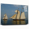 Acrylic print of a sailboat on a blue and white palette, ideal for modern bedroom or dining room decor.