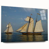 Acrylic print of a large abstract sailboat in cool blue and white tones, suitable for bedroom or dining room art.