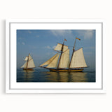 Extra large abstract art print of sailboats on textured canvas, with a white frame, ideal for living room decor.