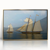 Mid-century modernist art featuring a sailboat, rendered in gold and white tones on a framed acrylic panel.