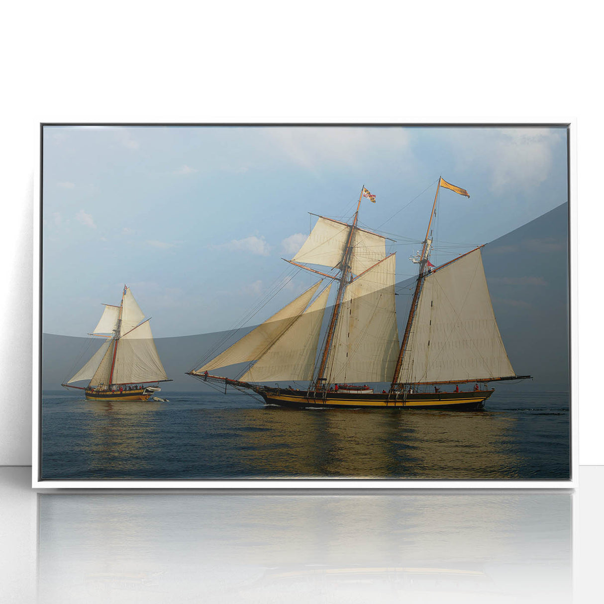 Mid-century modernist style sailboat on calm waters, framed acrylic print in muted blues and whites.