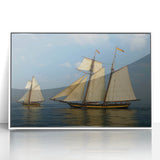 Mid-century modernist style sailboat on calm waters, framed acrylic print in muted blues and whites.