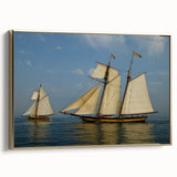 Framed canvas of a vintage sailboat, executed in black with colorful accents, ideal for enhancing a nautical-themed room.