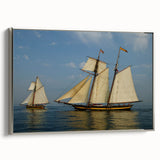 Vintage poster art of a sailboat, featuring a black and colorful palette on a framed canvas.