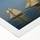 Art deco poster of a sailboat on muted blue and gray seas, printed on rolled canvas, suitable for dining room decor.