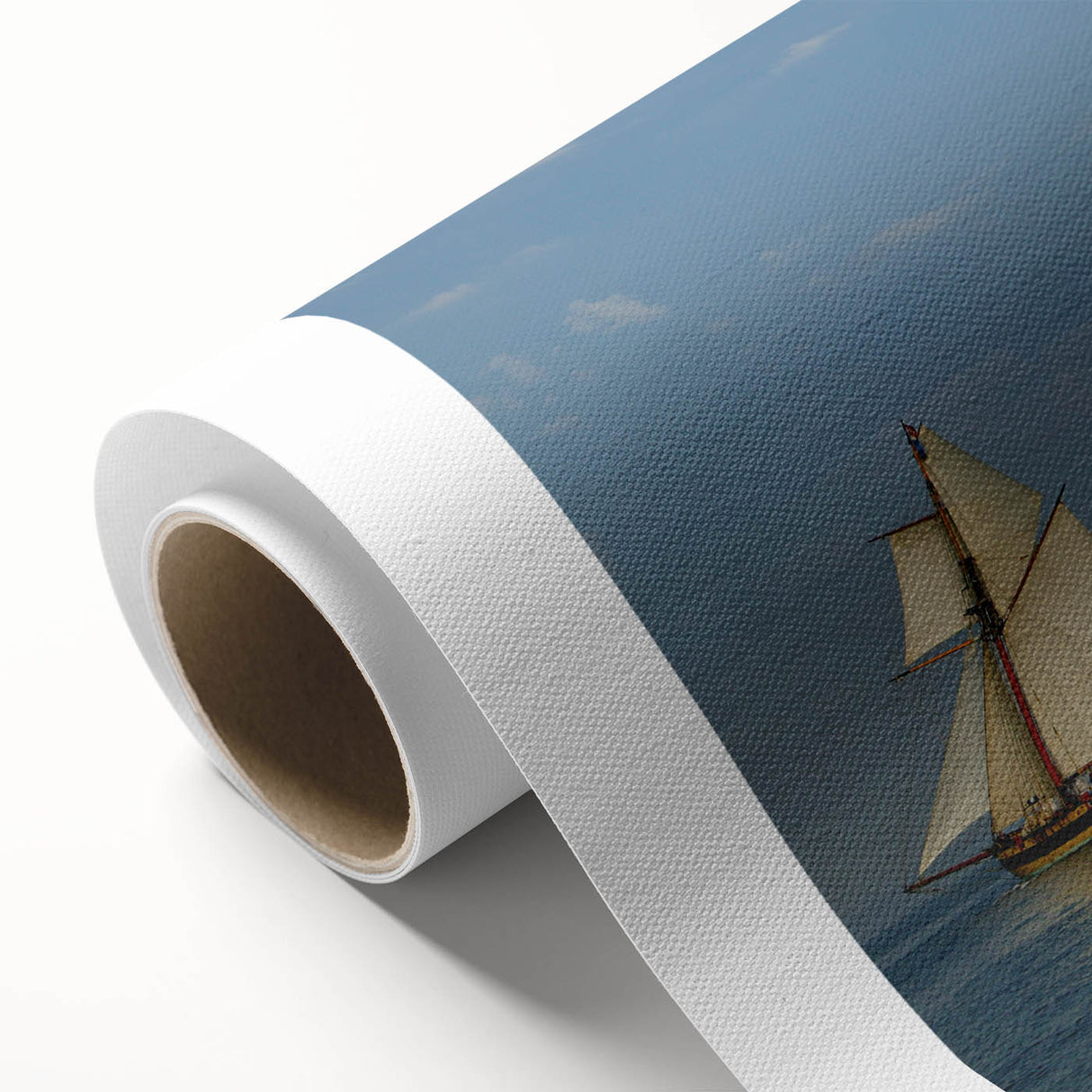 Art deco style sailboat poster in pastel blue and cream on rolled canvas, ideal for nursery wall art.