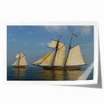 Rolled print of a sailboat on a calm sea in muted blue and gray tones, suitable for dining room decor.