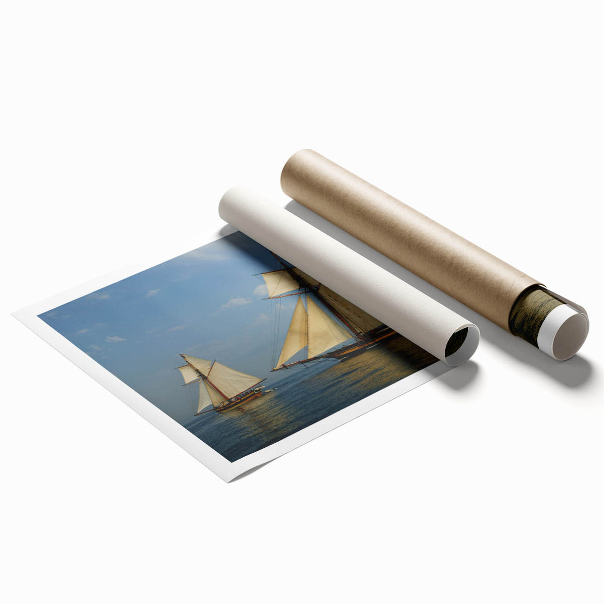 Extra large rolled print of a sailboat on calm waters, in muted blue and gray tones, ideal for classy bathroom wall art.