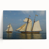 Black and white image of a sailboat on stretched canvas, suitable as kitchen wall art or for a bedroom.