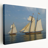 Sailboat on calm waters depicted in muted blue and white tones on a stretched canvas, suitable for kitchen wall decor.