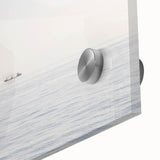 Large abstract sailboat painting in blue and white tones on acrylic glass.