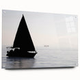 Acrylic print of a sailboat on calm waters in muted blue and white tones, suitable for bedroom or dining room decor.