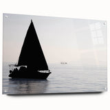 Acrylic print of a sailboat on calm waters in muted blue and white tones, suitable for bedroom or dining room decor.
