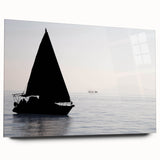 Acrylic print of a large abstract sailboat in soft blue and white tones, ideal for bedroom or dining room art.