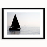Abstract art print of a colorful sailboat on textured canvas, framed in black, ideal for extra large living room wall art.