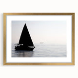 Textured art print of an abstract sailboat in gold and blue tones on a framed canvas, suitable for bedroom art.