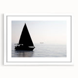 Extra large abstract art print of a sailboat, with textured blue and white tones on a framed canvas.