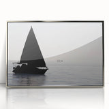 Art deco style sailboat poster in pastel blue and silver tones, framed acrylic, ideal for modern nursery wall art.