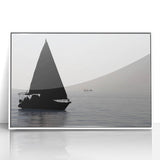Mid-century modernist sailboat print in muted blue and white, acrylic framed, ideal for nursery wall art.